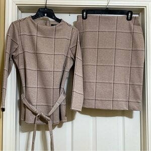 Ann Taylor 2 Piece Tan Large Plaid Belted Top and Pencil Skirt
